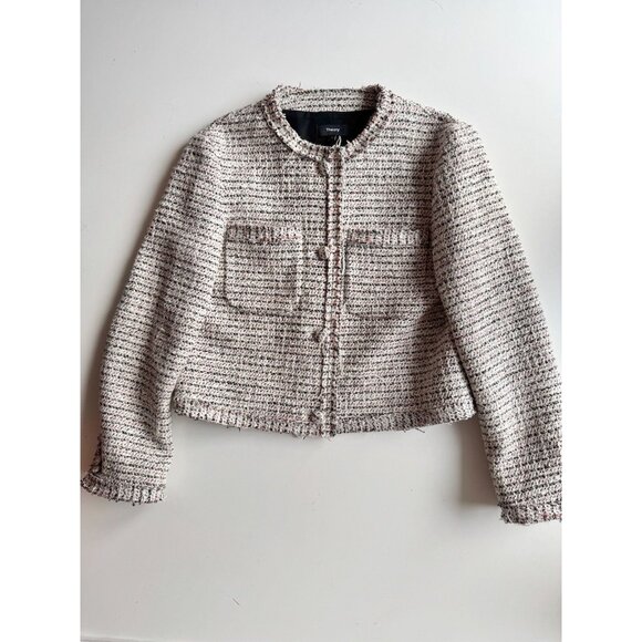 THEORY Preston Tweed Coral Multi Fringed Boxy Cropped Jacket, Size 6 - Picture 5 of 16